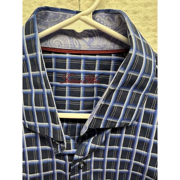 Tasso Elba Shirt Mens L Purple Flip Cuff Button Up Plaid Cotton Dress Preppy - Picture 3 of 8